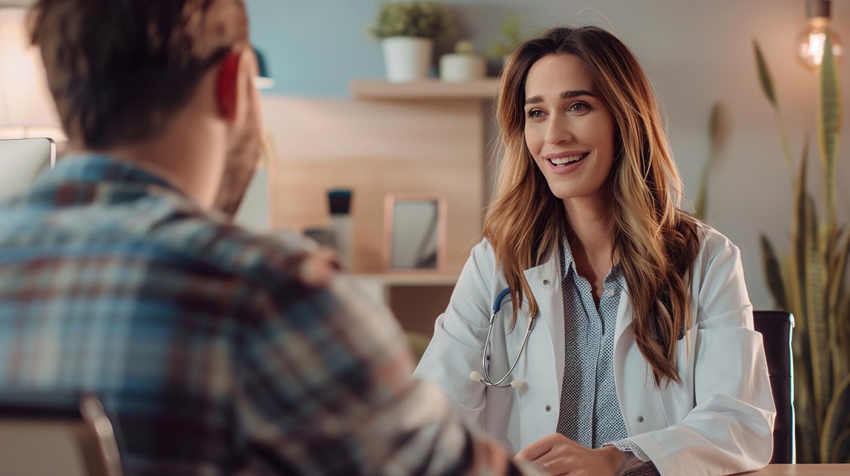 Eine Ärztin mit langem, welligem Haar sitzt lächelnd an einem Schreibtisch und spricht mit einem männlichen Patienten, der ihr gegenüber sitzt. Sie trägt einen weißen Kittel und ein Stethoskop um den Hals. Der Patient ist von hinten zu sehen und trägt ein kariertes Hemd. Die Atmosphäre im Raum wirkt warm und freundlich, mit Pflanzen und weichen Lichtern im Hintergrund.