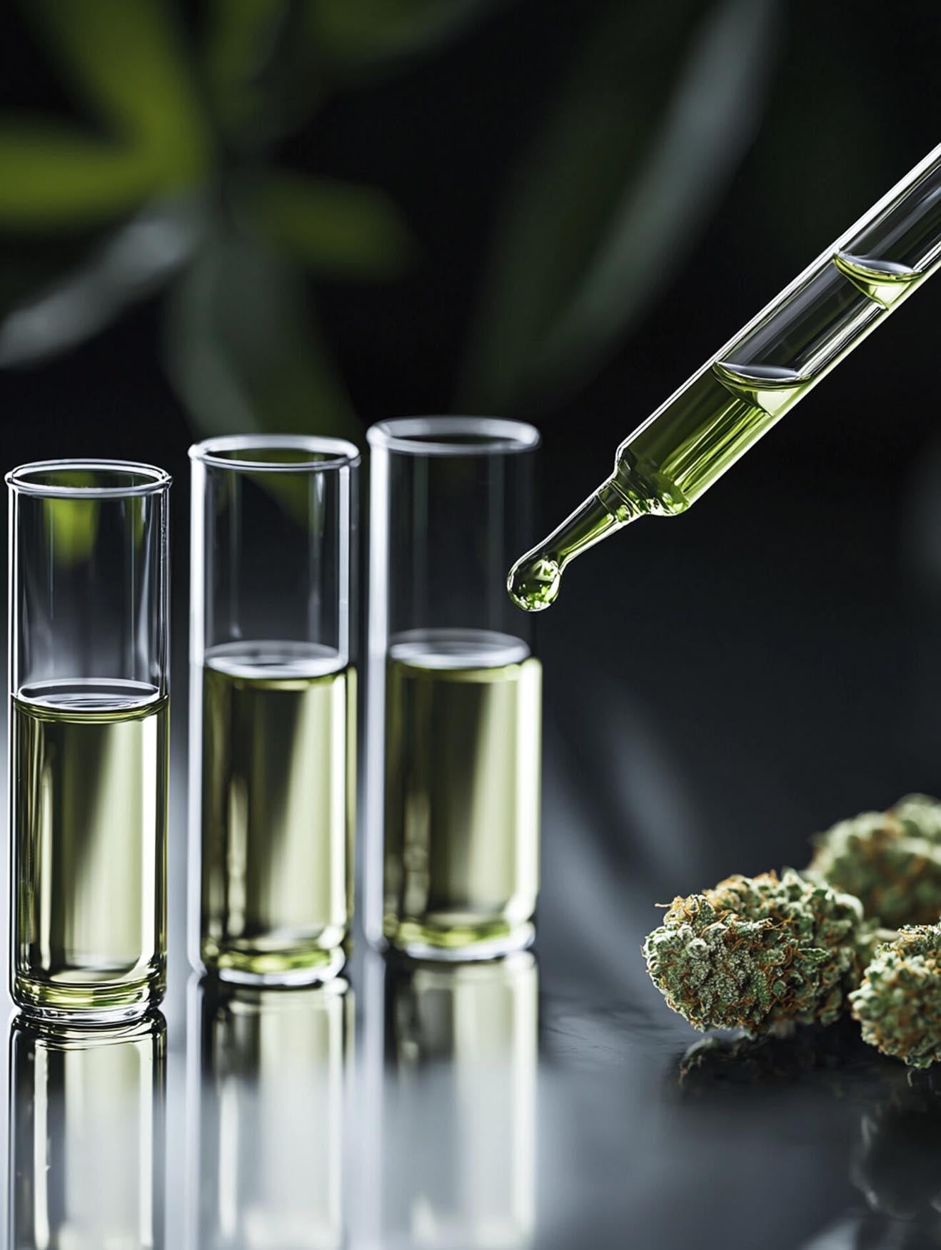 Ein Bild mit drei halb gefüllten Reagenzgläsern, die eine gelblich-grüne Flüssigkeit enthalten. Eine Pipette lässt vorsichtig einen Tropfen der Flüssigkeit in ein Glas fallen. Im Vordergrund liegen zwei getrocknete Cannabisblüten auf einer glänzenden Oberfläche, während der Hintergrund mit unscharfen grünen Blättern versehen ist.