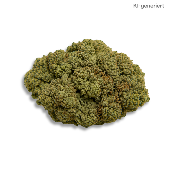 Nahansicht einer kompakten, sorgfältig getrimmten Cannabisblüte