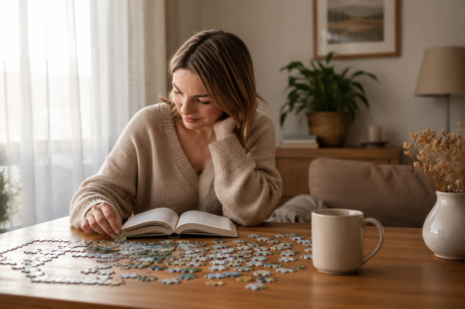 Eine Frau sitzt an einem Tisch, betrachtet ein Puzzlestück und arbeitet an einem Puzzle, das vor ihr liegt. Nebenbei versucht sie noch ein Buch zu lesen.