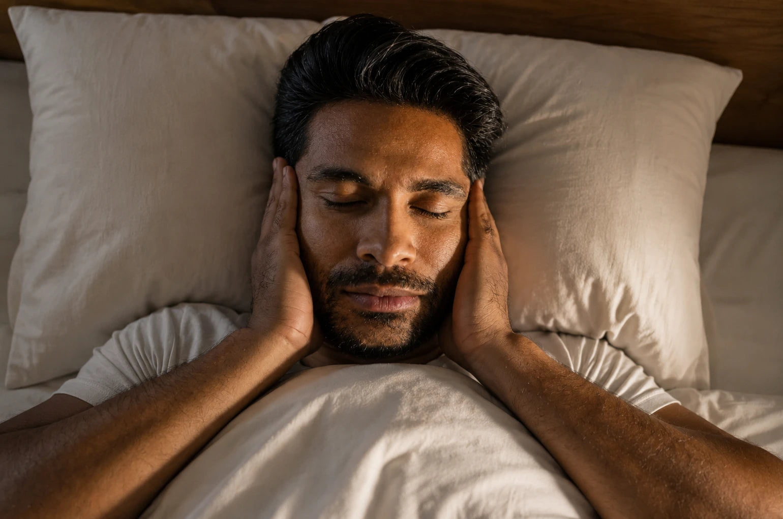 Mann liegt geplagt mit geschlossenen Augen im Bett und hält die Hände an den Schläfen