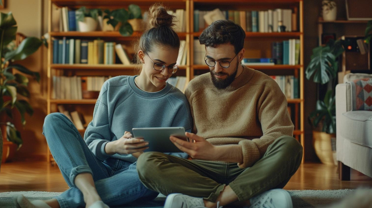 Ein Paar sitzt auf dem Boden und nutzt gemeinsam ein Tablet, um Informationen zu suchen oder zu kommunizieren.