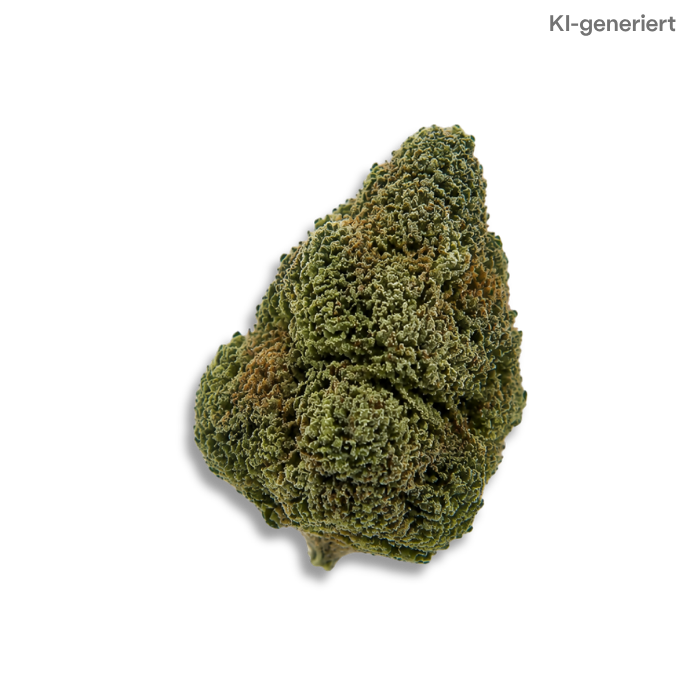Nahansicht einer kompakten, sorgfältig getrimmten Cannabisblüte