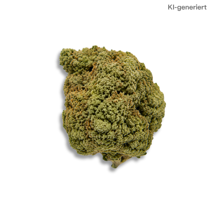 Nahansicht einer kompakten, sorgfältig getrimmten Cannabisblüte