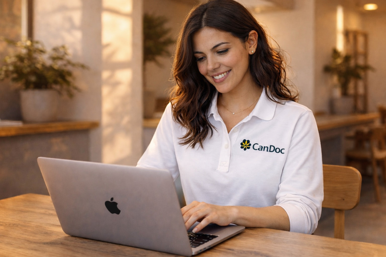 Service-Mitarbeiterin sitzt vor Macbook