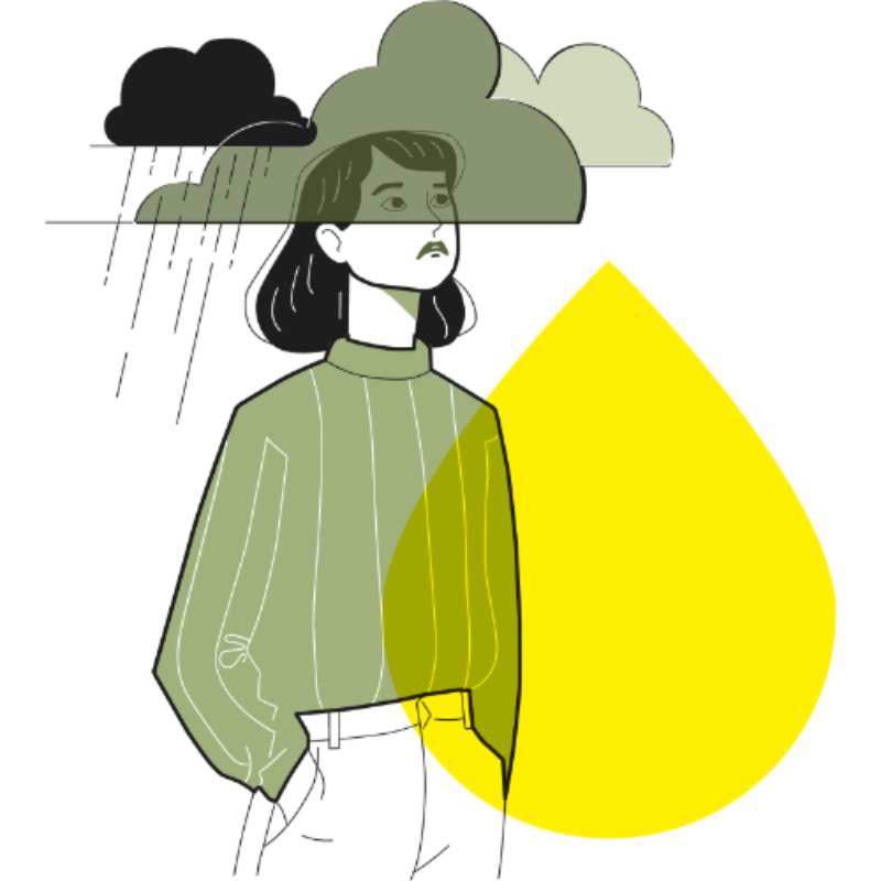 Illustration: Frau mit Kopf in Regenwolken. Symbolbild für das Thema Cannabis & Depressionen.