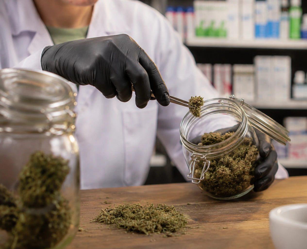 Apothekenmitarbeiter entnimmt medizinische Cannabisblüten mit einer Pinzette aus einem Vorratsglas.