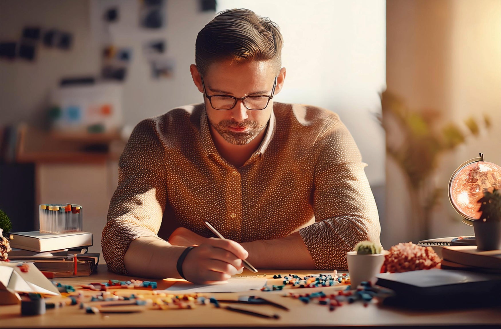 Ein Mann mit Brille arbeitet konzentriert an einem Projekt am Schreibtisch.