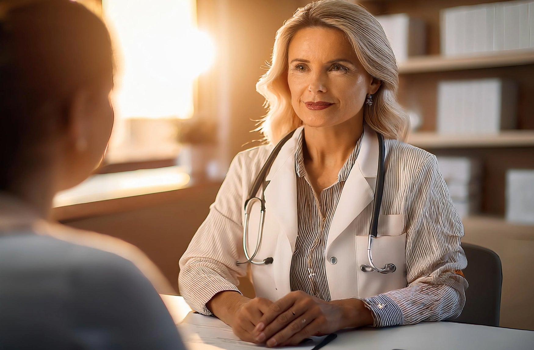 Eine Ärztin im Kittel unterhält sich mit einer Patientin in einer professionellen Umgebung.