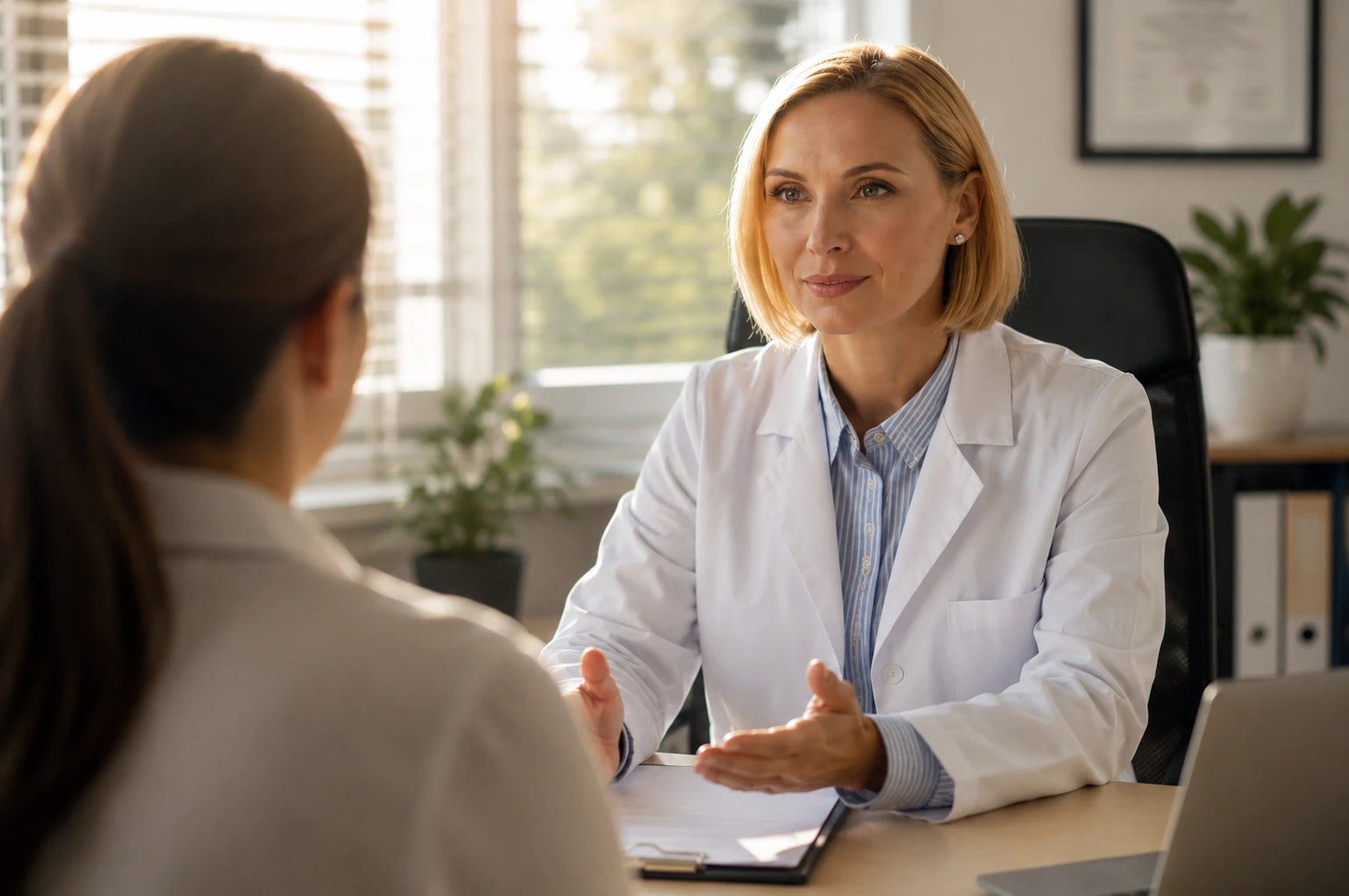 Eine Ärztin im Kittel unterhält sich mit einer Patientin in einer professionellen Umgebung.