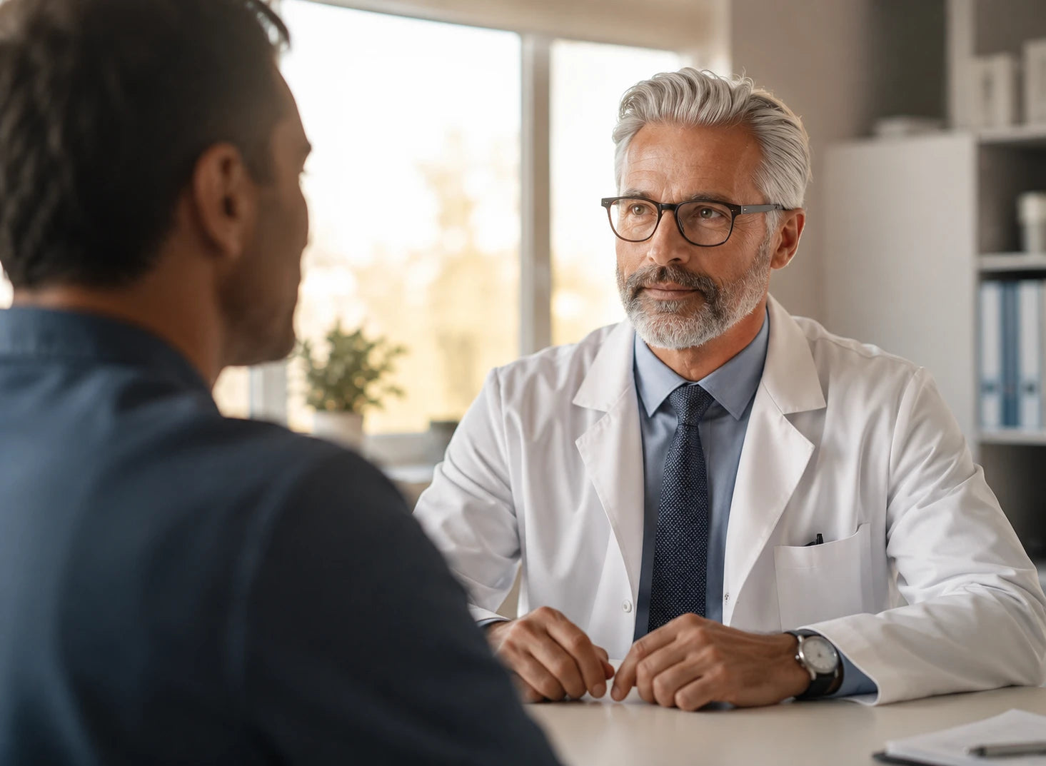 Ein Arzt führt ein Gespräch mit einem Patienten, um dessen Gesundheitszustand zu besprechen und Ratschläge zu geben.