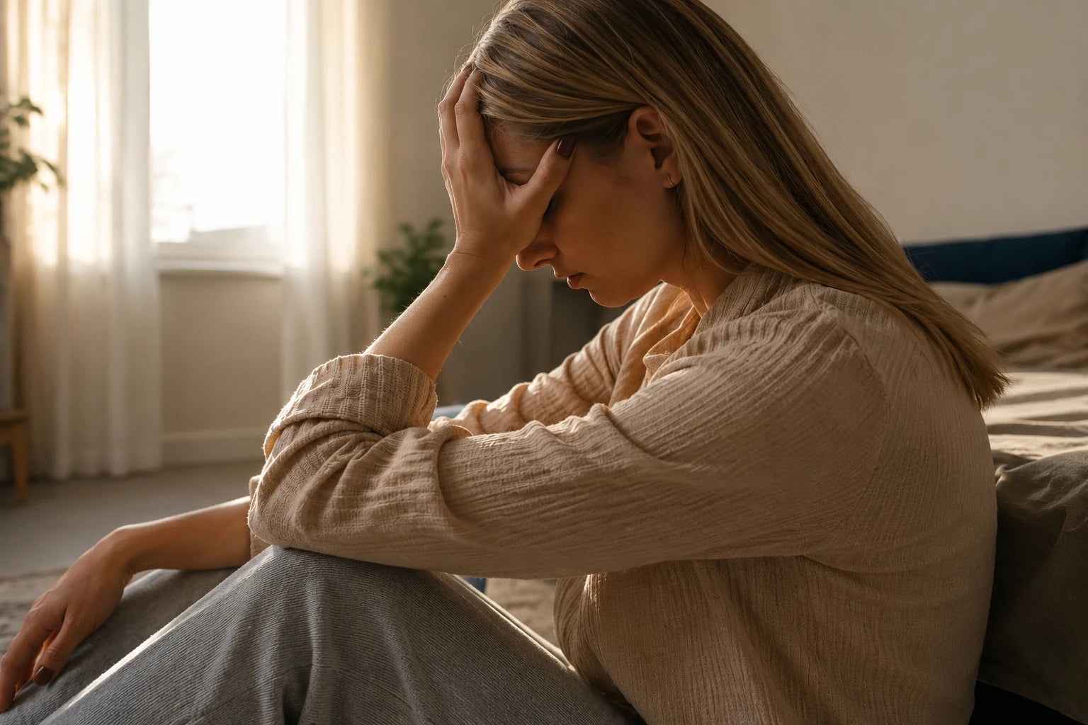 Eine Frau sitzt auf dem Boden und hält ihren Kopf in den Händen, sichtbar in Gedanken versunken oder verzweifelt.