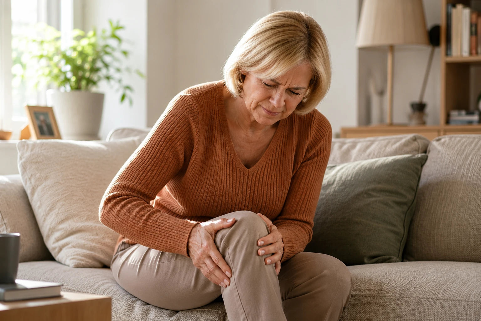 Eine Frau sitzt auf einem Sofa und hält sich schmerzhaft ihr Knie.